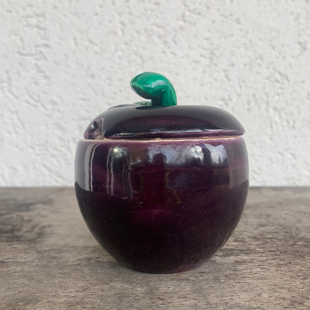 Cute little vintage plum sugar bowl.  Plum jelly bowl? Ceramic. Hand glazed